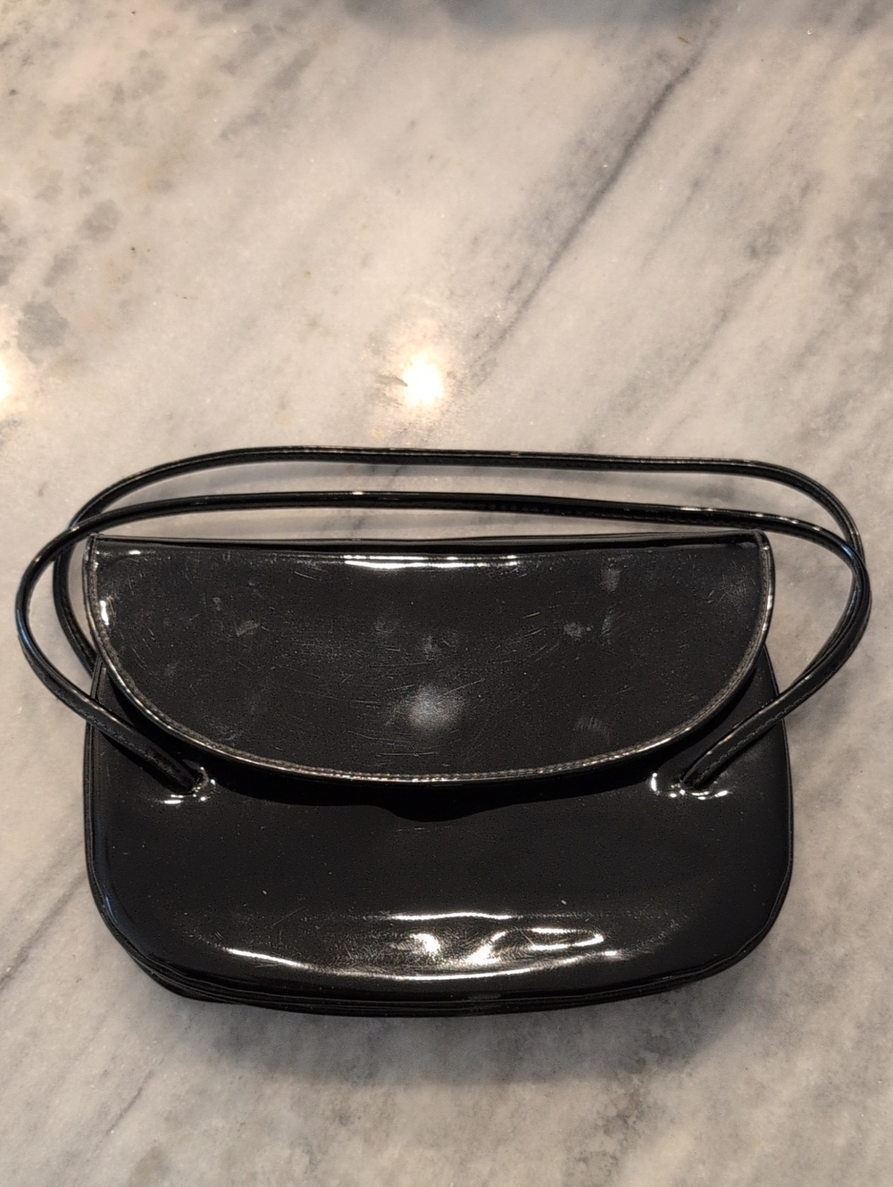 Vintage Glossy Black Patent Handbag with Slim Straps